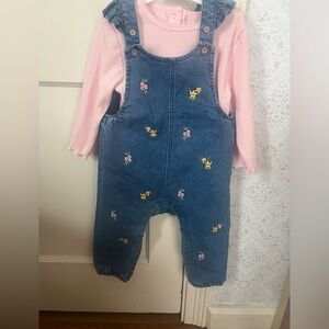 Pink Long-Sleeve Top with Blue flower Embroidered Denim Overalls